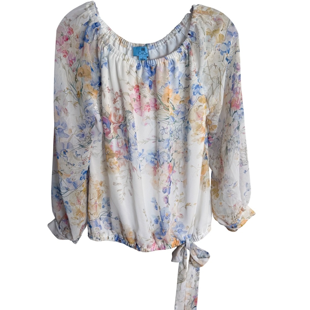 CeCe Floral Blouse Women Small White Off-the-Shoulder Tie Hem Romantic